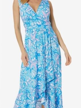 Lilly Pulitzer Aqua and Pink Tropical V-Neck Maxi Dress